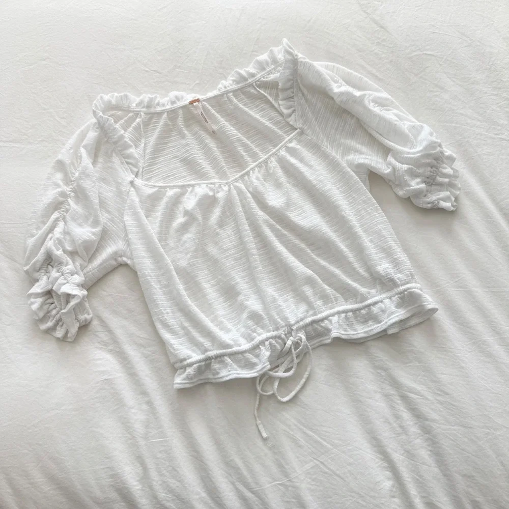 Free People Dorothy White Textured Puff Sleeve Tie Front Crop Top Small